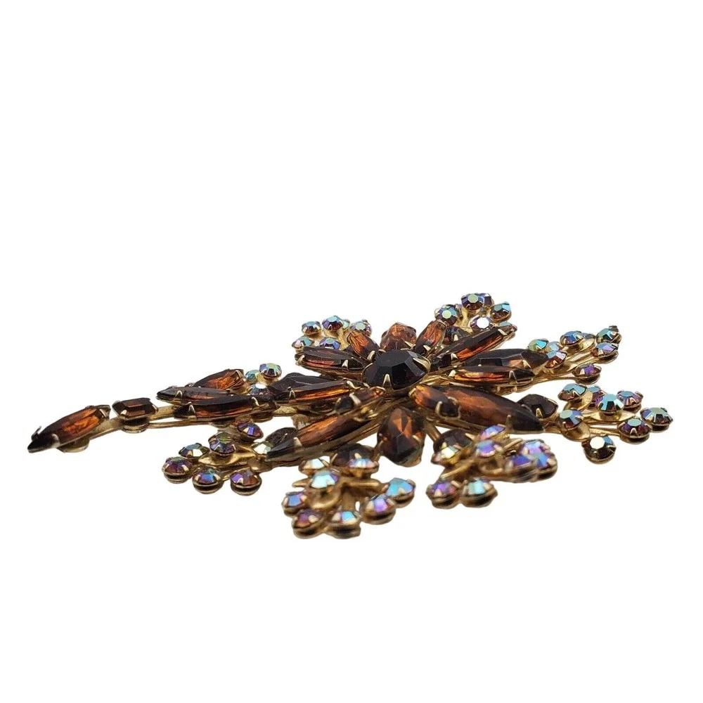 Huge Vintage Brown Rhinestone Brooch AB Floral Spray Flower Giant Oversized Pin